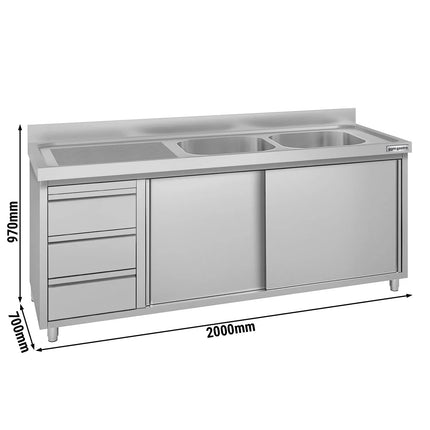 GGM Gastro Commercial Sink Cabinet ECO - 2000x700mm - 2 bowls right-hand - 3 drawers