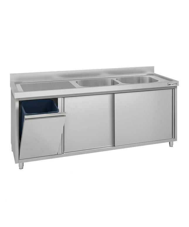 GGM Gastro Commercial Sink Cabinet ECO - 2000x700mm - with waste bin & 2 bowls centre