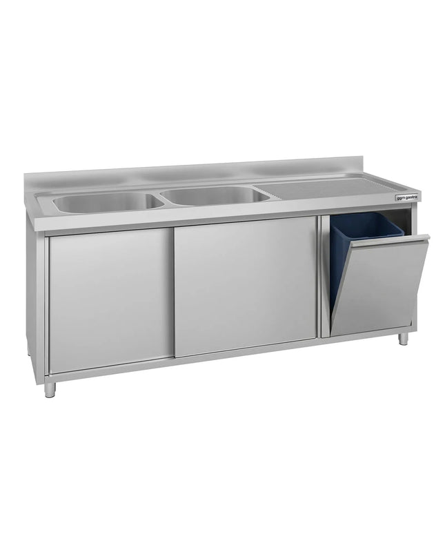 GGM Gastro Commercial Sink Cabinet ECO - 2000x700mm - with waste bin & 2 bowls centre