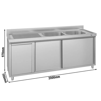 GGM Gastro Commercial Sink Cabinet ECO - 2000x700mm - with waste bin & 2 bowls centre