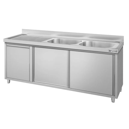 GGM Gastro Commercial Sink Cabinet ECO - 2000x700mm - with waste bin & 2 bowls centre