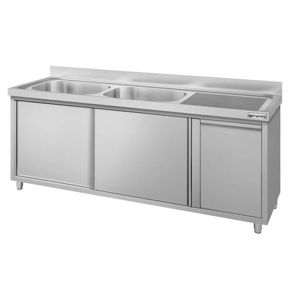GGM Gastro Commercial Sink Cabinet ECO - 2000x700mm - with waste bin & 2 bowls centre