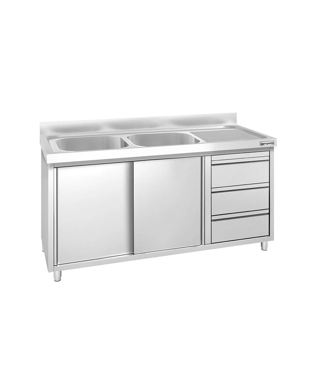 GGM Gastro Commercial Sink Cabinet PREMIUM - 1400x600mm - 2 bowls left-hand - 3 drawers