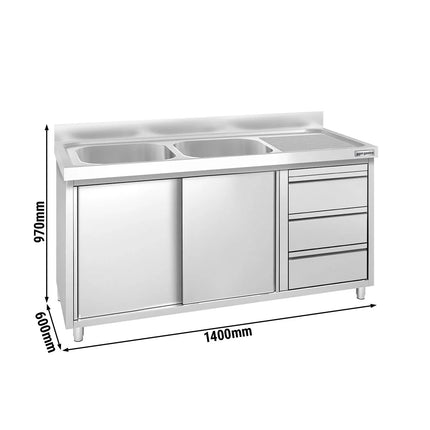 GGM Gastro Commercial Sink Cabinet PREMIUM - 1400x600mm - 2 bowls left-hand - 3 drawers