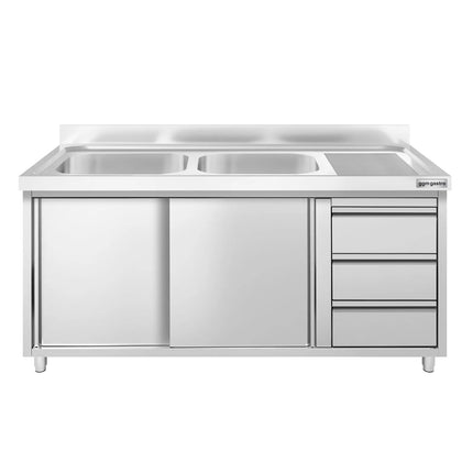 GGM Gastro Commercial Sink Cabinet PREMIUM - 1400x600mm - 2 bowls left-hand - 3 drawers
