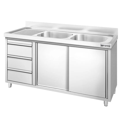 GGM Gastro Commercial Sink Cabinet PREMIUM - 1400x600mm - 2 bowls right-hand - 3 drawers