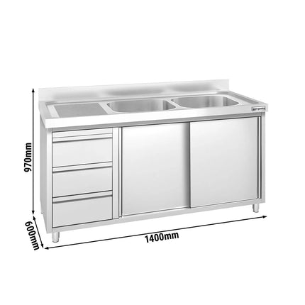 GGM Gastro Commercial Sink Cabinet PREMIUM - 1400x600mm - 2 bowls right-hand - 3 drawers