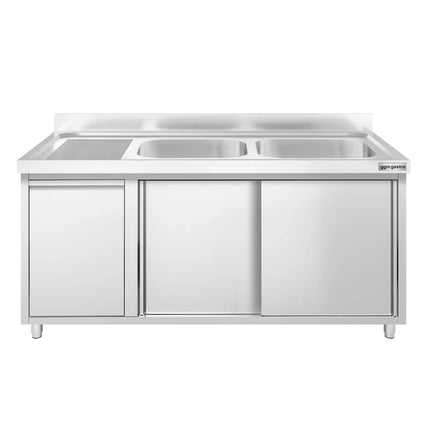 GGM Gastro Commercial Sink Cabinet PREMIUM - 1400x600mm - with waste bin & 2 bowls right-hand