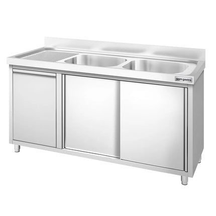 GGM Gastro Commercial Sink Cabinet PREMIUM - 1400x600mm - with waste bin & 2 bowls right-hand
