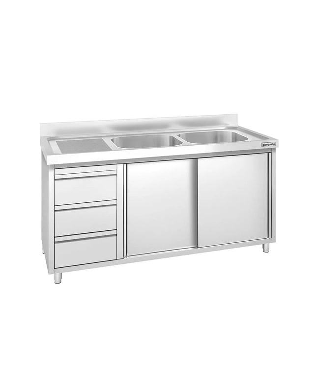 GGM Gastro Commercial Sink Cabinet PREMIUM - 1400x700mm - 2 bowls right-hand - 3 drawers