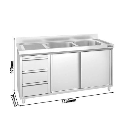 GGM Gastro Commercial Sink Cabinet PREMIUM - 1400x700mm - 2 bowls right-hand - 3 drawers
