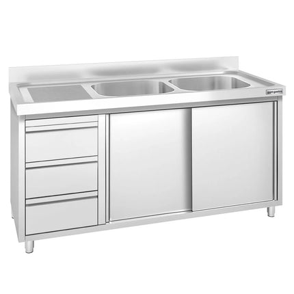 GGM Gastro Commercial Sink Cabinet PREMIUM - 1400x700mm - 2 bowls right-hand - 3 drawers