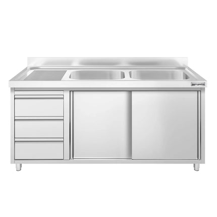 GGM Gastro Commercial Sink Cabinet PREMIUM - 1400x700mm - 2 bowls right-hand - 3 drawers