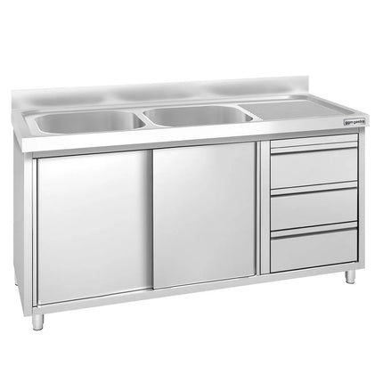 GGM Gastro Commercial Sink Cabinet PREMIUM - 1400x700mm - with 2 bowls left-hand - 3 drawers