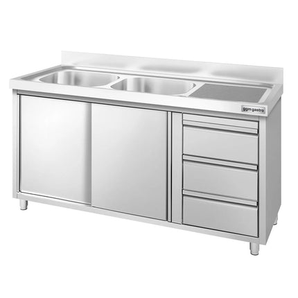 GGM Gastro Commercial Sink Cabinet PREMIUM - 1400x700mm - with 2 bowls left-hand - 3 drawers