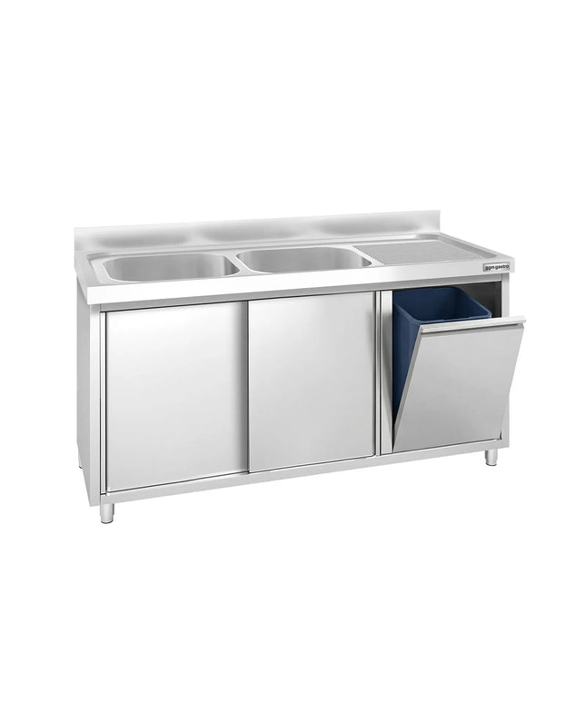 GGM Gastro Commercial Sink Cabinet PREMIUM - 1400x700mm - with waste bin & 2 bowls left-hand