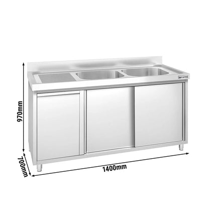 GGM Gastro Commercial Sink Cabinet PREMIUM - 1400x700mm - with waste bin & 2 bowls right-hand