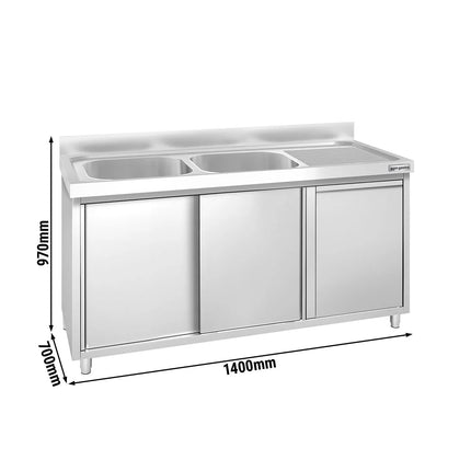 GGM Gastro Commercial Sink Cabinet PREMIUM - 1400x700mm - with waste bin & 2 bowls left-hand
