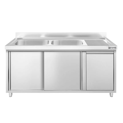 GGM Gastro Commercial Sink Cabinet PREMIUM - 1400x700mm - with waste bin & 2 bowls left-hand