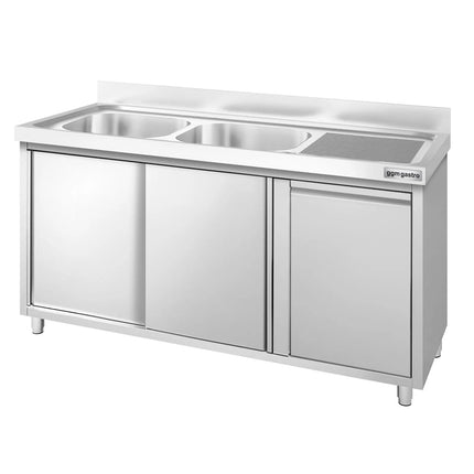 GGM Gastro Commercial Sink Cabinet PREMIUM - 1400x700mm - with waste bin & 2 bowls left-hand