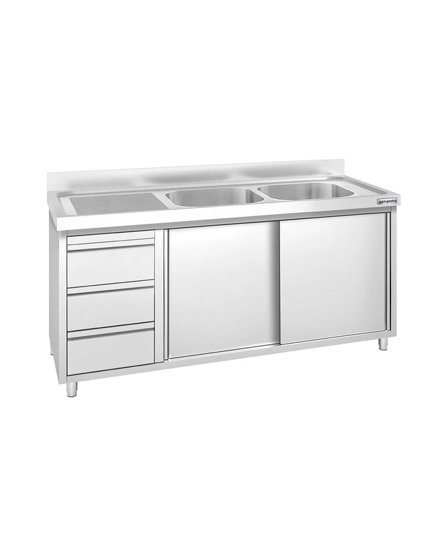 GGM Gastro Commercial Sink Cabinet PREMIUM - 1600x600mm - 2 bowls right-hand - 3 drawers