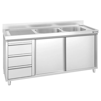 GGM Gastro Commercial Sink Cabinet PREMIUM - 1600x600mm - 2 bowls right-hand - 3 drawers