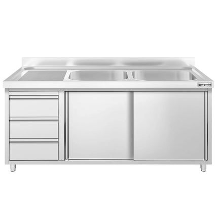 GGM Gastro Commercial Sink Cabinet PREMIUM - 1600x600mm - 2 bowls right-hand - 3 drawers