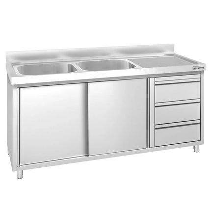 GGM Gastro Commercial Sink Cabinet PREMIUM - 1600x600mm - with 2 bowls left-hand - 3 drawers