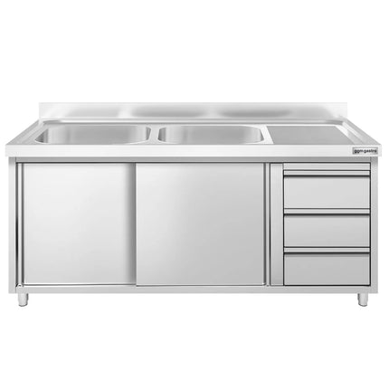GGM Gastro Commercial Sink Cabinet PREMIUM - 1600x600mm - with 2 bowls left-hand - 3 drawers