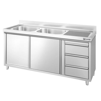 GGM Gastro Commercial Sink Cabinet PREMIUM - 1600x600mm - with 2 bowls left-hand - 3 drawers