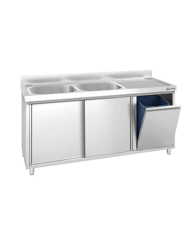 GGM Gastro Commercial Sink Cabinet PREMIUM - 1600x600mm - with waste bin & 2 bowls left-hand