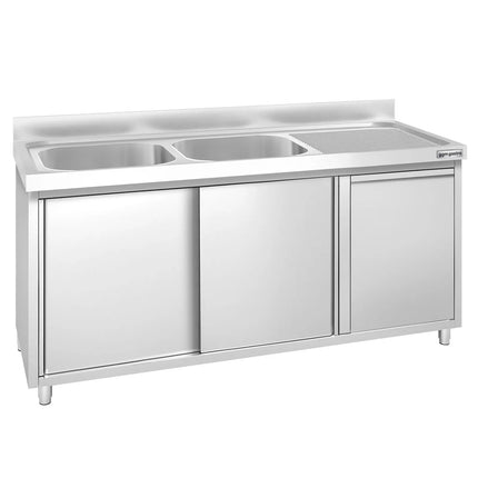 GGM Gastro Commercial Sink Cabinet PREMIUM - 1600x600mm - with waste bin & 2 bowls left-hand
