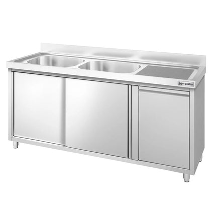 GGM Gastro Commercial Sink Cabinet PREMIUM - 1600x600mm - with waste bin & 2 bowls left-hand
