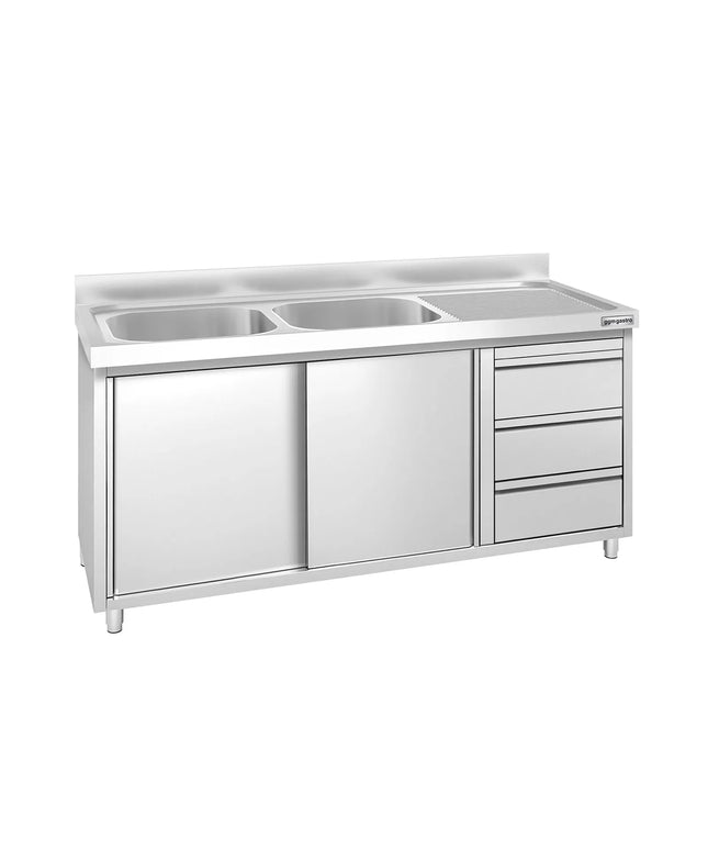 GGM Gastro Commercial Sink Cabinet PREMIUM - 1600x700mm - 2 bowls left-hand - 3 drawers