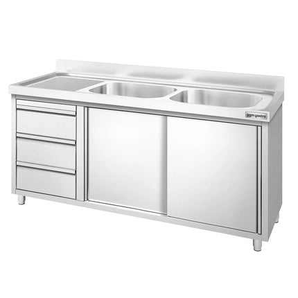 GGM Gastro Commercial Sink Cabinet PREMIUM - 1600x700mm - 2 bowls right-hand - 3 drawers