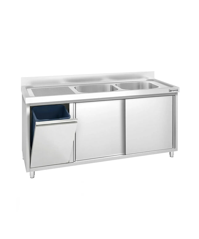 GGM Gastro Commercial Sink Cabinet PREMIUM - 1600x700mm - with waste bin & 2 bowls centre