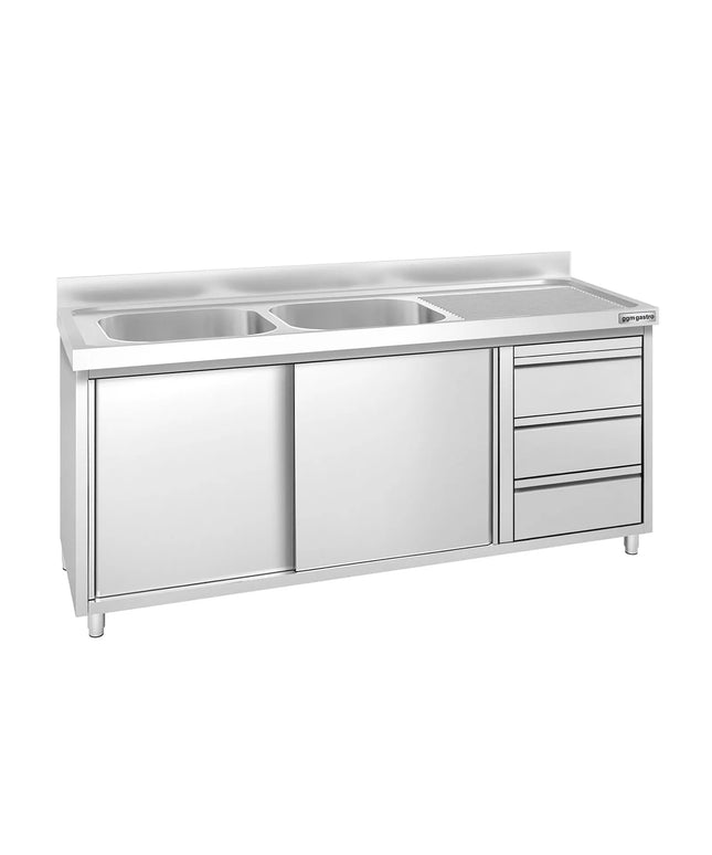 GGM Gastro Commercial Sink Cabinet PREMIUM - 1800x600mm - with 2 bowls left-hand - 3 drawers