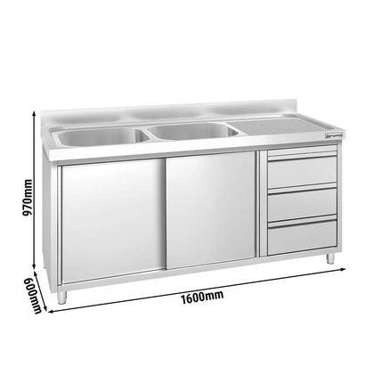 GGM Gastro Commercial Sink Cabinet PREMIUM - 1800x600mm - with 2 bowls left-hand - 3 drawers