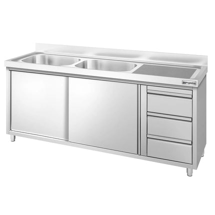 GGM Gastro Commercial Sink Cabinet PREMIUM - 1800x600mm - with 2 bowls left-hand - 3 drawers