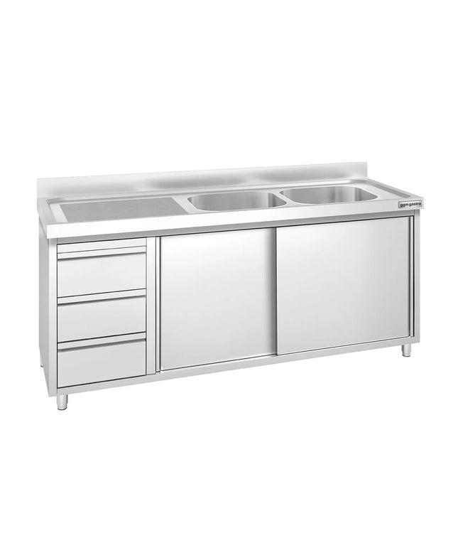 GGM Gastro Commercial Sink Cabinet PREMIUM - 1800x600mm - with 2 bowls right-hand - 3 drawers