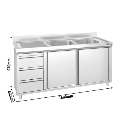 GGM Gastro Commercial Sink Cabinet PREMIUM - 1800x600mm - with 2 bowls right-hand - 3 drawers
