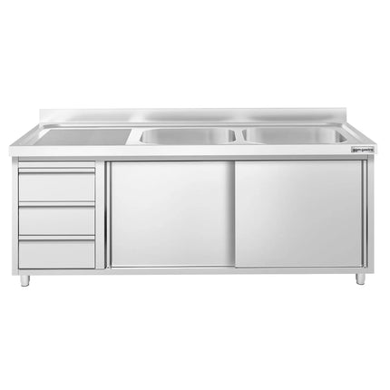 GGM Gastro Commercial Sink Cabinet PREMIUM - 1800x600mm - with 2 bowls right-hand - 3 drawers