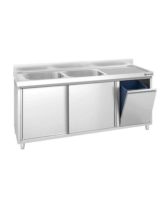 GGM Gastro Commercial Sink Cabinet PREMIUM - 1800x600mm - with waste bin & 2 bowls left-hand
