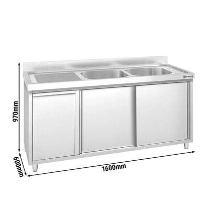 GGM Gastro Commercial Sink Cabinet PREMIUM - 1800x600mm - with waste bin & 2 bowls right-hand