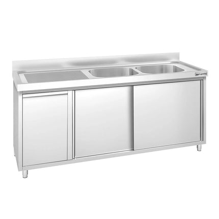 GGM Gastro Commercial Sink Cabinet PREMIUM - 1800x600mm - with waste bin & 2 bowls right-hand