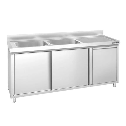 GGM Gastro Commercial Sink Cabinet PREMIUM - 1800x600mm - with waste bin & 2 bowls left-hand