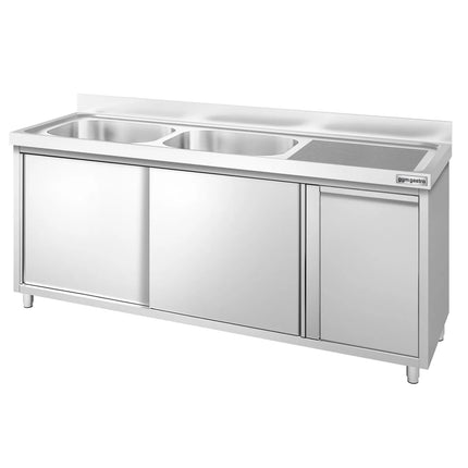 GGM Gastro Commercial Sink Cabinet PREMIUM - 1800x600mm - with waste bin & 2 bowls left-hand