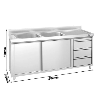 GGM Gastro Commercial Sink Cabinet PREMIUM - 1800x700mm - with 2 bowls left-hand - 3 drawers