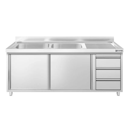 GGM Gastro Commercial Sink Cabinet PREMIUM - 1800x700mm - with 2 bowls left-hand - 3 drawers