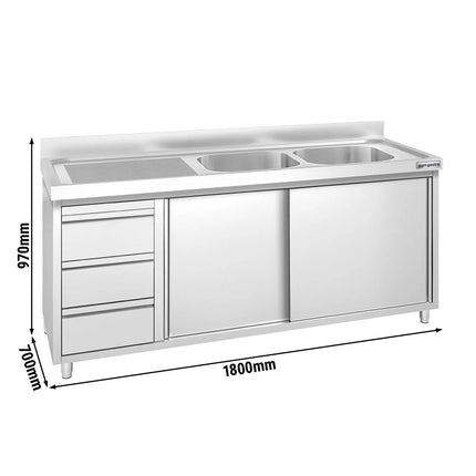 GGM Gastro Commercial Sink Cabinet PREMIUM - 1800x700mm - with 2 bowls right-hand - 3 drawers